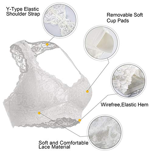 Rolewpy Women's Sexy Lace Bra Removable Padded Racerback Breathable Bralette Bustier Sports Bras (White, M(36A 36B 36C 36D))