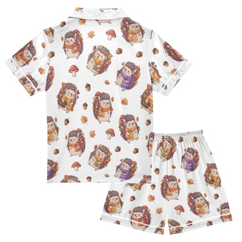 Satin Pajama Sets Short Sleeve Cute Hedgehogs with Autumn Leaves Button Down Silky Nightwear 2 Piece PJS 5-14Y2