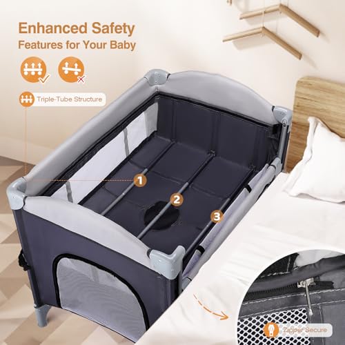 Image of JOYMOR 4 in 1 Pack and Play, Baby Bedside Bassinet, Sturdy Play Yard with Padded Mat and Music Center