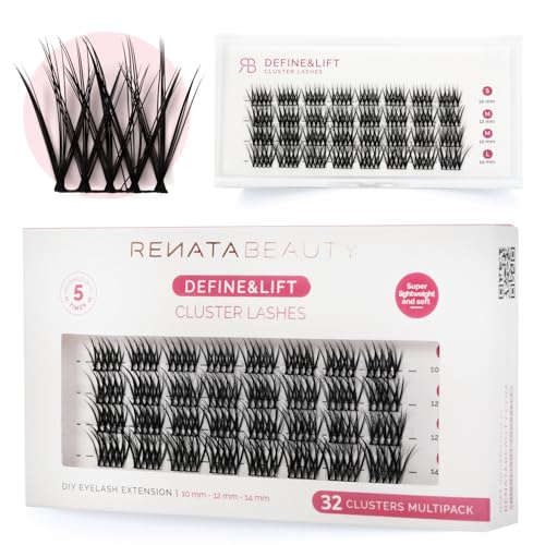 Renata Beauty Define&Lift Faux Cils en Grappe - Multipack de 32 pièces, Longueurs Mixtes (10mm, 12mm, 14mm), Courbure C, Rehausse la Ligne Naturelle des Cils, Parfaits pour le Port Quotidien