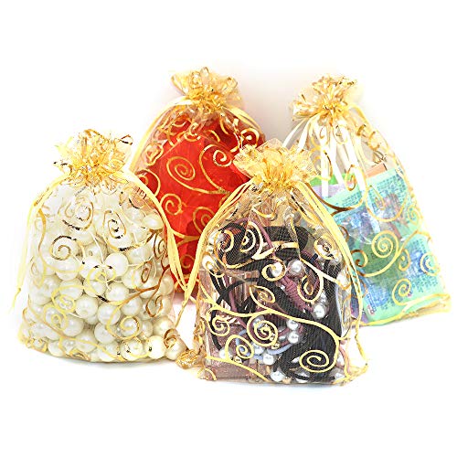 Image of Staruby Organza Gift Bags 100Pcs Gold Sheer Organza Bag 4x6 Inch Mesh Favor Bags Drawstring Jewelry Rattan Printed Gift Pouches for Wedding Party Favors Couple Shower Christmas Gifts Candy Bags