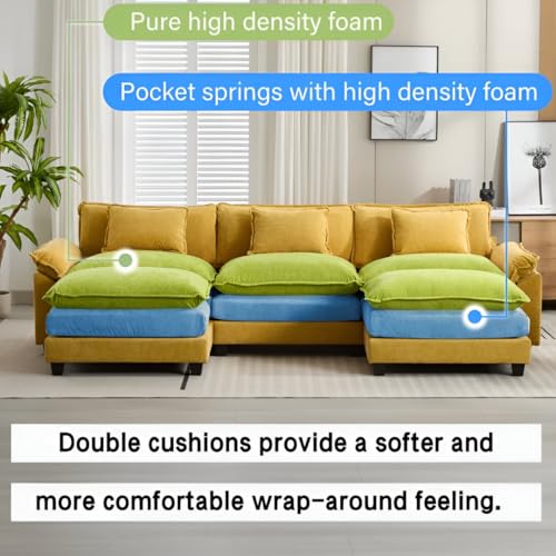 Image of Modern U Shaped Sectional Sofa, Plush Chenille Upholstery, Extra Deep Seats with Throw Pillows for Living Room Office Hotels (Yellow)
