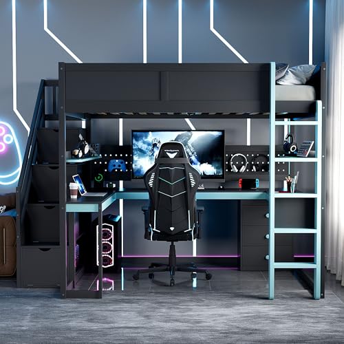 Image of Harper & Bright Designs Full Size Loft Bed with Desk and Storage Stairs, Shelves & Pegboard, Wooden Gaming Loft Bed Frame for Teens Adults Kids, Black+Blue