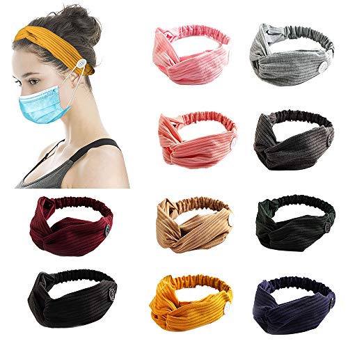 10 Pack Women's Boho Headbands with Buttons Non Slip Elastic Hair Bands for Cover Wide Turban Headband Twisted Criss Cross Head Wrap Knoted Headband Hair Accessories for Nurses Doctors
