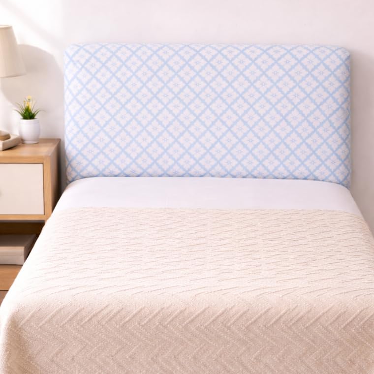 Image of HOMETHREADS 200 GSM Stretchable Jacquard Headboard Cover | Soft, Dust-Proof & Wrinkle-Resistant Bed Back Protector | Fits Leather, Wooden & Fabric Bedsides | for 3ft to 3.5ft Beds | (Blue, 90x65Cm)