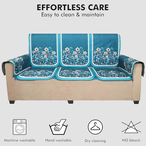 Image of Velvet 3 Seater Sofa Cover with 6 Seat and Back Covers, 2 Hand Rest Covers - Floral Design - Washable Fabric - Stylish Sofa Cover for Modern Living Room (Aqua, 3 Seater With Arm Cover)