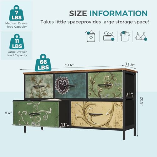 Image of OLIXIS 5 Drawer Dresser for Bedroom, Storage Organizer Unit for Closet | Chest of Drawers for Clothes Storage with Bins, Wide Fabric Bedroom Dresser, Wooden Top, Living Room, Flower