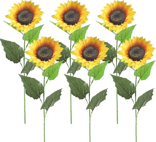 Minnhua Lot de 6 tournesols artificiels de 62 cm - Fleurs artificielles en soie - Longues tiges pour tombe, balcon, cimetière, jardin, mariage, fête, maison
