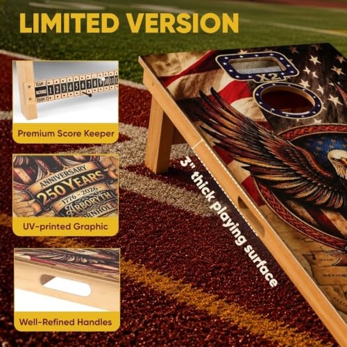 Image of America 250th Anniversary Limited Edition Cornhole Set - Two 4x2 FT Double Hole Boards with Built-in Scoreboard, 1 Canvas Tote Bag & 8 Professional American Stars & Stripes Bean Bags