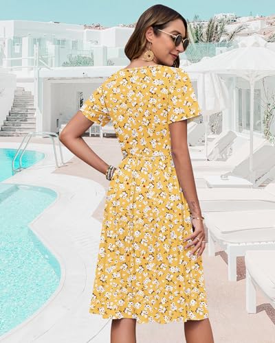 Image of WNEEDU Women V Neck Button Down Empire Waist Midi Summer Dress with Pockets