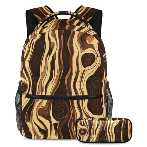 Cartable grain de bois de grande capacité avec trousse marron pour étudiants et ados