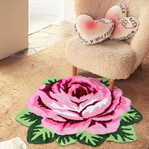 Pink Rose Rug Plush Rug Bath Mat Shaggy Door Mat Water Absorbent Rose Floral Mats Anti-Slip(Non-Slip) Modern Carpet Washable Floor Mats For Bedroom/Sofa/Bathroom (1 Rose, Pink) #TOP3