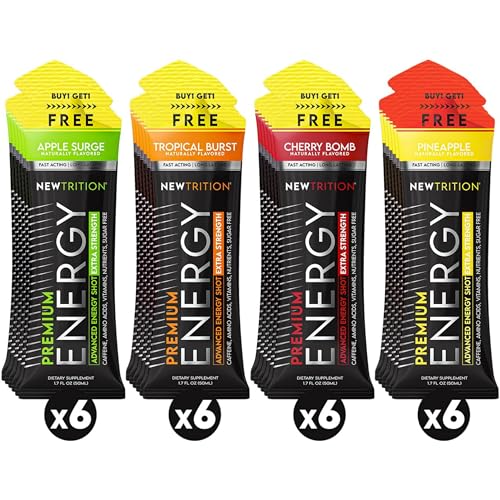 Image of NewTrition Extra Strength Energy Shots 1.7 fl oz - 250mg Caffeine with B Vitamins & Amino Acids, Sugar-Free Zero Calorie Vitamin Energy Drink for Focus & Endurance (Pack of 24, 4 Flavors - Mixed 2)