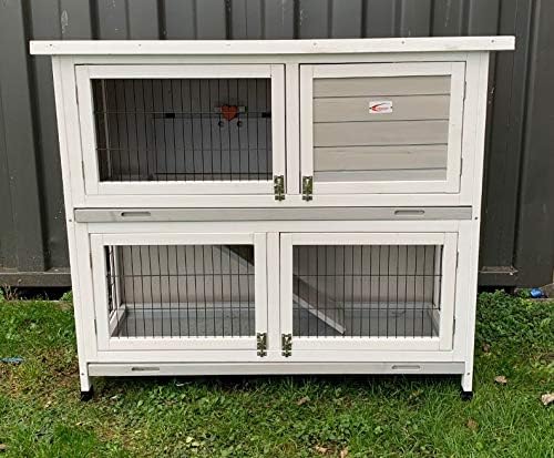 BUNNY BUSINESS 2-Tier Double Decker Rabbit/Guinea Pig Hutch Hutches with Sliding Trays & Ramp (MED 41" HUTCH), GREY AND WHITE