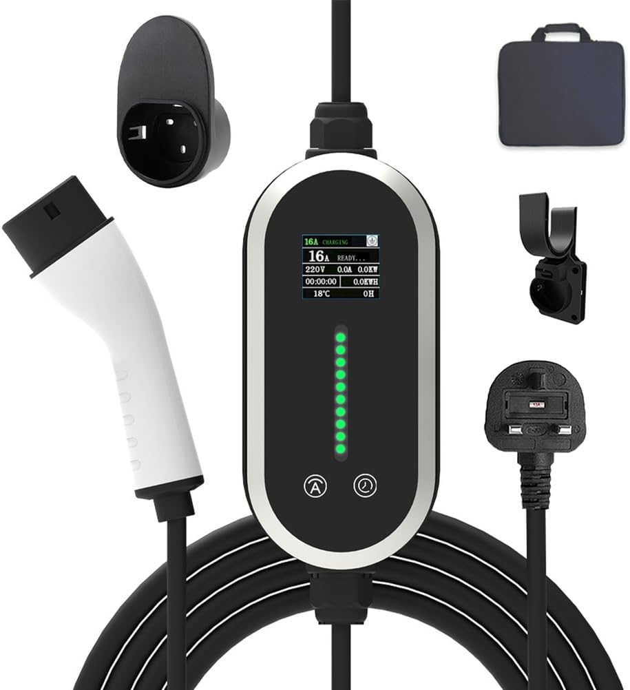 Cable de Cargador EV Tipo 2 Ajustable [6/8/10/13A] EV Charger Cable Type 2 to 3 Pin UK Plug con Pantalla LED Temporizador de Retraso de 10 Horas Bolsa IP66 Impermeable para Hogar y Viajes,5m