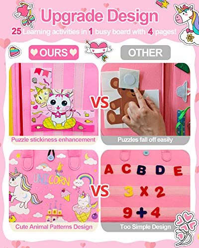 Exorany Busy Board Montessori Toys For 1 2 3 4 Year Old Girls & Boys Gifts, Sensory Toys For Toddlers 1-3, Autism Educational Travel Toys, Preschool Activities For Learning Fine Motor Skills (Pink) #TOP4