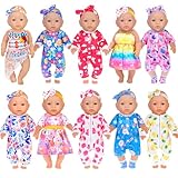ebuddy 10 Sets Newborn Baby Doll Clothing Set for 16' 17' Dolls - 7 Bodysuits with Headbands, Swimwear & Dresses - Floral Animal Prints Nursery Fashion Collection (No Doll)
