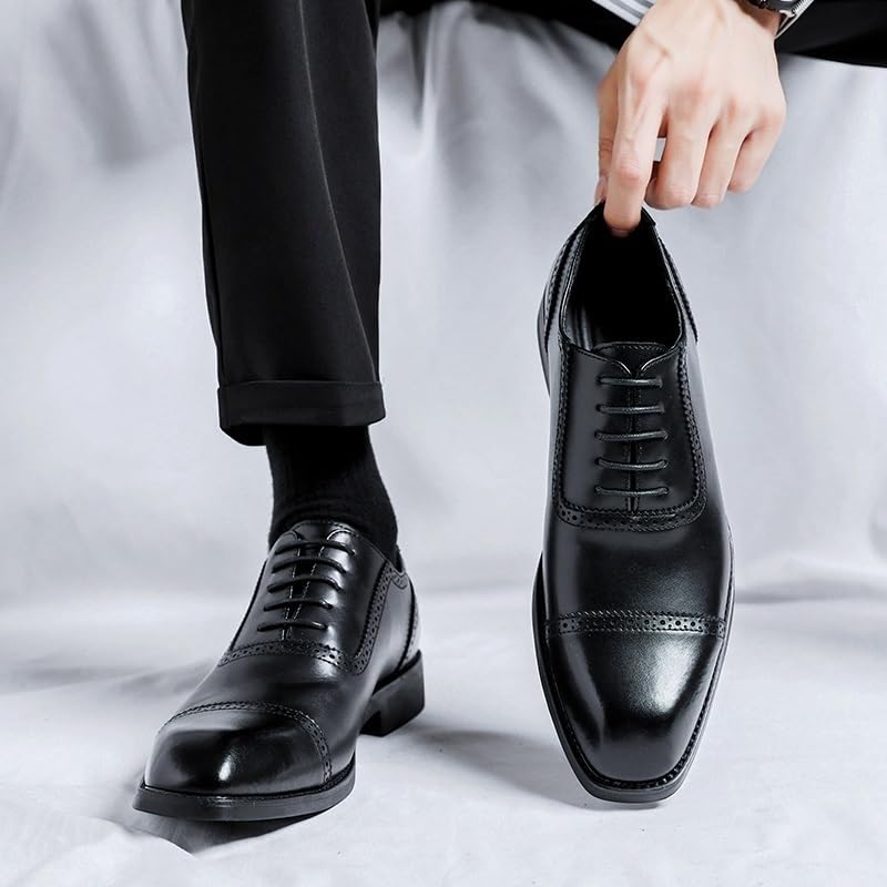 Men's Dress Oxford Shoes Leather Lace-Up Square Toe Cap Toe Slip-Resistant Block Heel Low Top Classic4