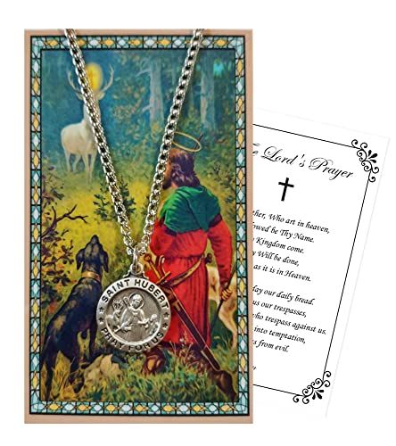 St Hubert Necklace with St Hubert Prayer Card, Lord's Prayer Card | St Hubert Pendant Medal Jewelry | Catholic Patron Saint Of Hunters, Dogs, Archers Themed St Hubert Medallion Set | Total 3 Items