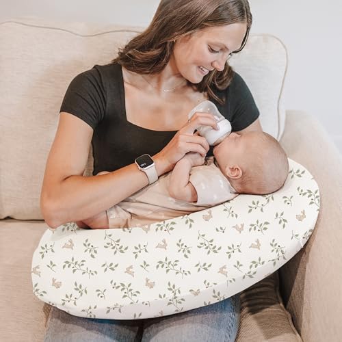 Image of Konssy 2 Pack Nursing Pillow Covers, Stretchy and Soft Nursing Cover for Breastfeeding, Pillow Slipcover for Baby Girls and Boys Newborn (Fog Green, Rabbit)