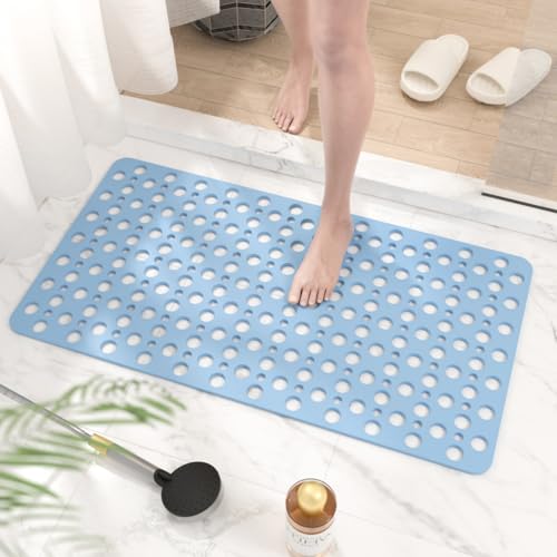 HITSLAM Bath Mat Non Slip Anti Mould, 70 x 38cm TPE Shower Mat for Bathtub & Shower, Machine Washable with Large Drain Holes and Strong Suction Cups, Fast Draining, Blue