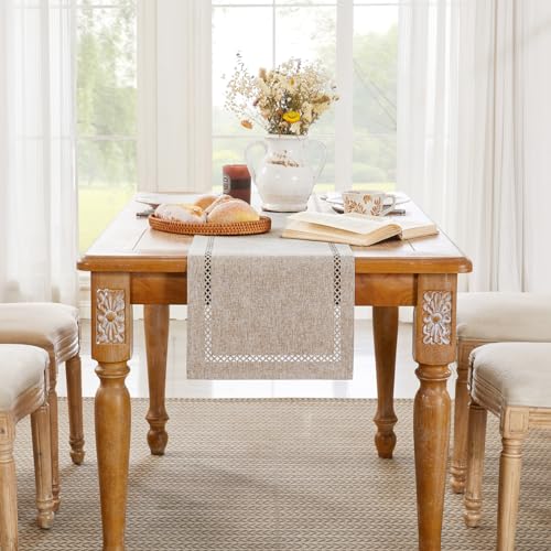 Rustic Coffee Table Runner 230cm Long, Machine Washable, Linen-Style Rustic Geometric Hollow Table Runners for Dining Table, Kitchen, Holiday Parties and Everyday Use (Coffee, 230cm) - Image 5