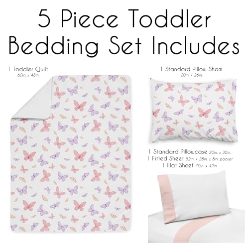 Image of Sweet Jojo Designs Pink /Purple Shabby Chic Butterfly Girl Toddler Bedding Set - Kids, Children 5 Piece Bed in a Bag with Comforter Blanket, Pillowcase Sham and Sheets - Colorful, Butterflies, Pastel