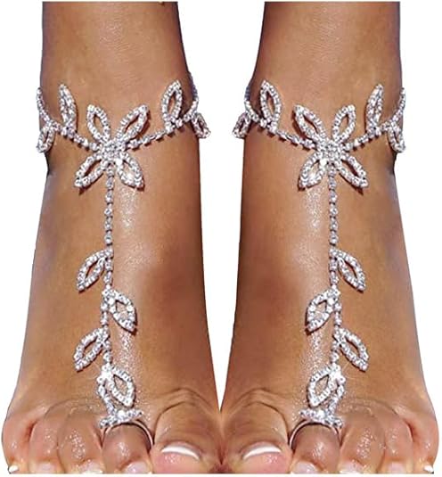 1Pair Summer Beach Rhinestone Leaf Barefoot Sandals Foot Chain with Toe Ring Boho Crystal Anklets Bracelet Wedding Bridal Rhinestone Leaf Foot Chain Jewelry for Women(Leaf-silver)