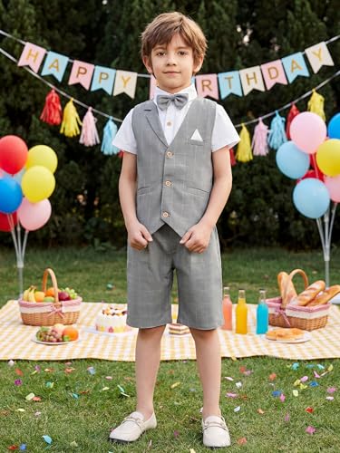 Image of Summer Boys Suit Dress Clothes Kids Wedding Ring Bearer Outfit 4Pcs Shirt Vest Shorts Set