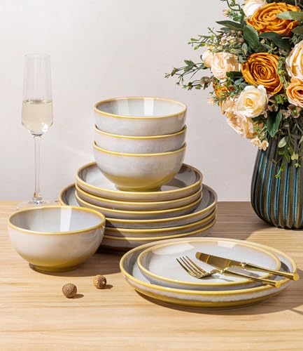Image of TheTerra Stoneware Dinnerware Sets for 4, 12 Pieces Ceramic Plates and Bowls Sets, Scratch Resistant Dish Set, Oven, Microwave & Dishwasher Safe, Autumn Haze