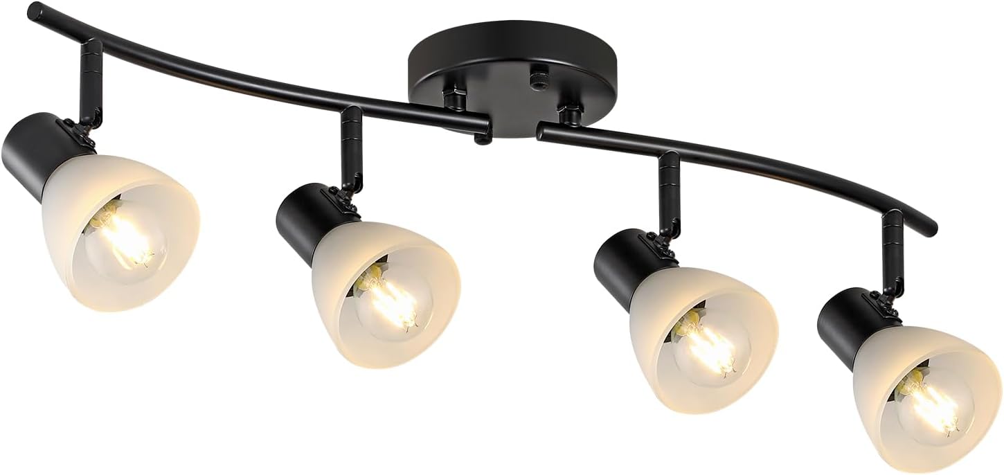 KEESFU 4 Light Track Lighting Fixtures Ceiling Kit,Adjustable Kitchen Ceiling Light with Glass Shade,Modern Black Track Light for Kitchen Over Sink Bedroom Hallway Living Room,E12base