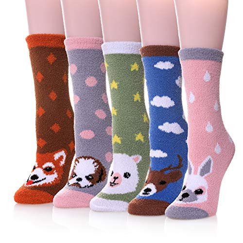 DYW Fuzzy Socks for Women Soft Cozy Fluffy Winter Warm Slipper Socks Home Sleeping Animal Socks (5 Pairs Animal C)