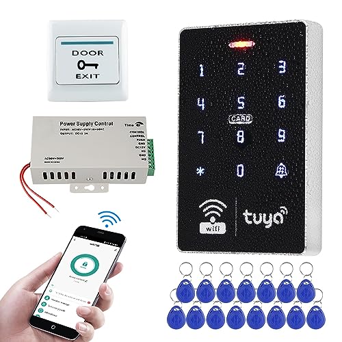 FUSYTULY Drahtlos WiFi Tuya Tür Kits Zugangskontrollsysteme 125KHz 13.56MHz IP68 wasserdichte Touch RFID Tastatur und DC12V3A Netzteil 15pcs Keyfobs, Ohne Elektrische Schlösser