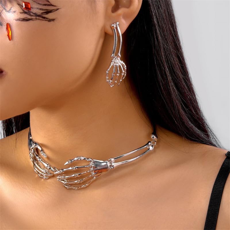 XAM Halloween Gothic Skull Hand Necklace Earrings Jewelry Sets for Men Women Punk Skeleton Chocker Halloween Gifts Costume Party Accessories Holiday Jewelry - Image 3