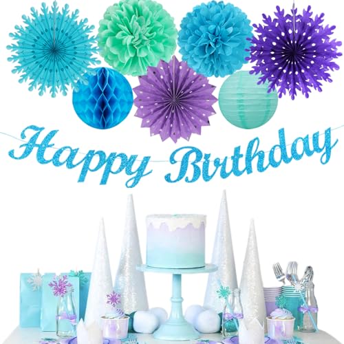 Image of Winter-Wonderland Christmas-Snowflake Frozen Birthday Party-Decorations - 21pcs Happy Banner,Blue Purple Teal Paper Lanterns Honeycomb Streamers,Tissue Pom Poms Flower Fan,Hanging Decor Huglony