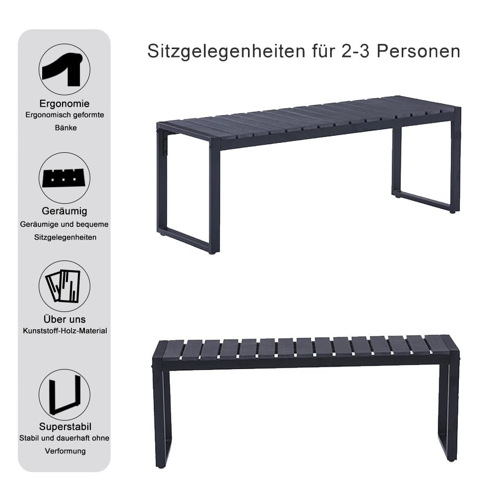 Mingone Gartenbank wetterfest, Harzbank 2-Sitzer 120 x 40 x 45 cm (Schwarz) | Bank Outdoor , Gartenbank Holz & Metall, Balkon Bank für Garten Balkon & Flur,Sitzbank 200 kg