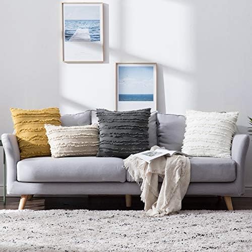 MIULEE Pack of 2 Throw Pillow Decorative Cushion Covers Tassels Design Home Soild Case for Sofa Chair Couch Bedroom Decorative Pillowcases 18x18inch 45x45cm Beige
