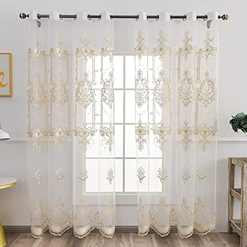 Embroidered Sheer Curtains For Living Room For Bedroom Geometric Floral Embroidery Semi Window Curtains Romantic Home Decor 2 Panels, 50Wx87L Inches Clwyah313 #TOP1