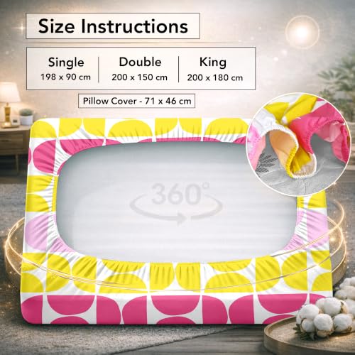 Image of Divine Casa King Size Fitted Bedsheet with 2 Pillow Covers (200 x 180 CM) | Cotton Twill Satin Retro Geometric Print | Pink & Yellow Elastic Fitted Sheet for Mattress.