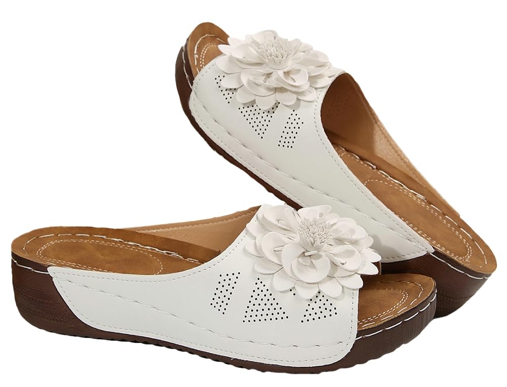 Bagkeak Womens Wedge Sandals 2026 Flower Summer Dressy Flat Open Toe Platform Shoes Casual Boho Slip on Beach Walking Sandals