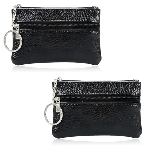 2PCS Noir Mini Porte-Monnaie Cuir, Mini Portefeuilles Compacts avec 2 Compartiments Zippés et Porte-Clés, Portefeuille de Poche Élégant et Pratique pour...