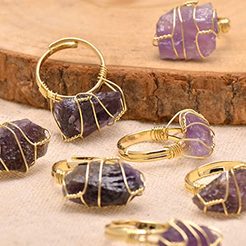 Natural Amethyst Crystal Rough Stone Wire Wrapped Ring, Yellow Gold Tone #TOP4