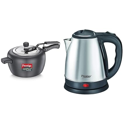 Prestige Svachh, 20264, 5 L, Apple Duo Hard Anodised, with Deep Lid for Spillage Control + Prestige Electric Kettle PKOSS - 1500watts, Steel (1.5Ltr), Black Combo
