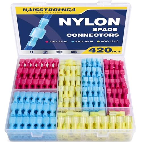 haisstronica 420PCS Nylon Spade Connectors Kit, 22-10 AWG Fully Insulated Male & Female Quick Disconnect Spade Terminals, Electrical Wire Crimp Connectors for Automotive Marine