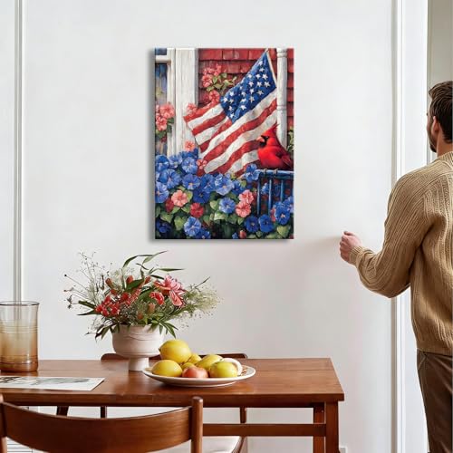 Image of RIBNTAK Patriotic Red, White & Blue Floral and Cardinal Wall Art, American Flag Garden Painting for Independence Day, Perfect for 4th of July Wall Decor and All-Season Home Display