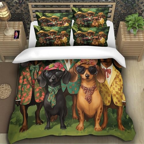 Housse de couette Teckel 3D drap microfibre lit king 2 taies chien