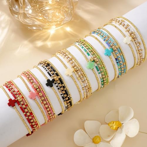 Gold Beaded Bracelets Stack for Women - Stackable 14K Gold Plated Bracelets Set, Waterproof Elastic Boho Beads Cross Jewelry Christian Friendship Summer Beach Birthday Party Gift4