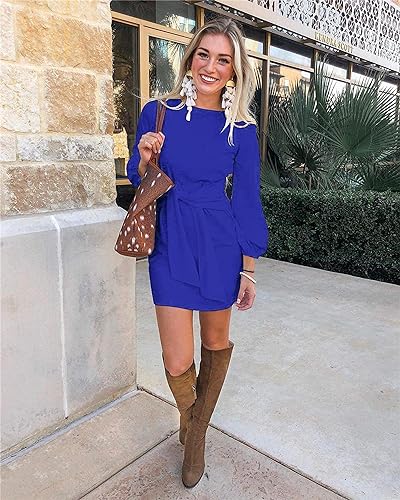 Image of PRETTYGARDEN Womens Spring Elegant Long Lantern Sleeve Short Dress Wedding Guest Crewneck Tie Waist Knit Cocktail Dresses