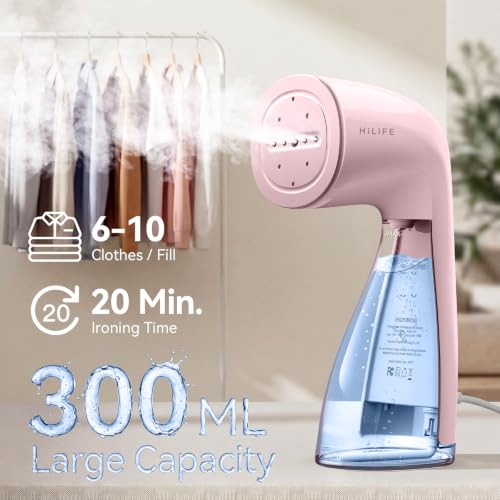 Image of HiLIFE Steamer for Clothes, Portable Handheld Design, 240ml Big Capacity, 700W, Strong Penetrating Steam, Removes Wrinkle, for Home, Office and Travel(ONLY FOR 120V) (Pink)