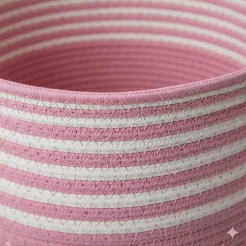 Image of Large Storage Basket, Woven Blanket Basket, Toy Basket with Handle, Laundry Hamper for Living Room, Nursery, Bedroom- 20x15x12 (LXWXH) (baby pink mix)